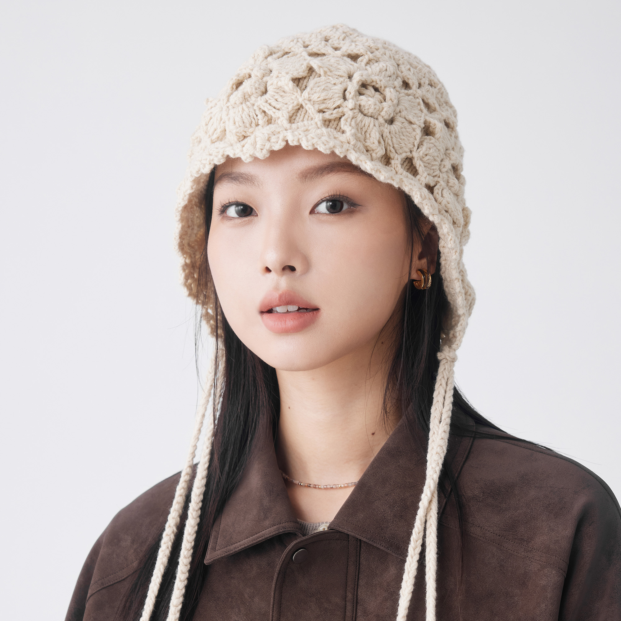 钩花流苏双层针织钩针镂空包头帽