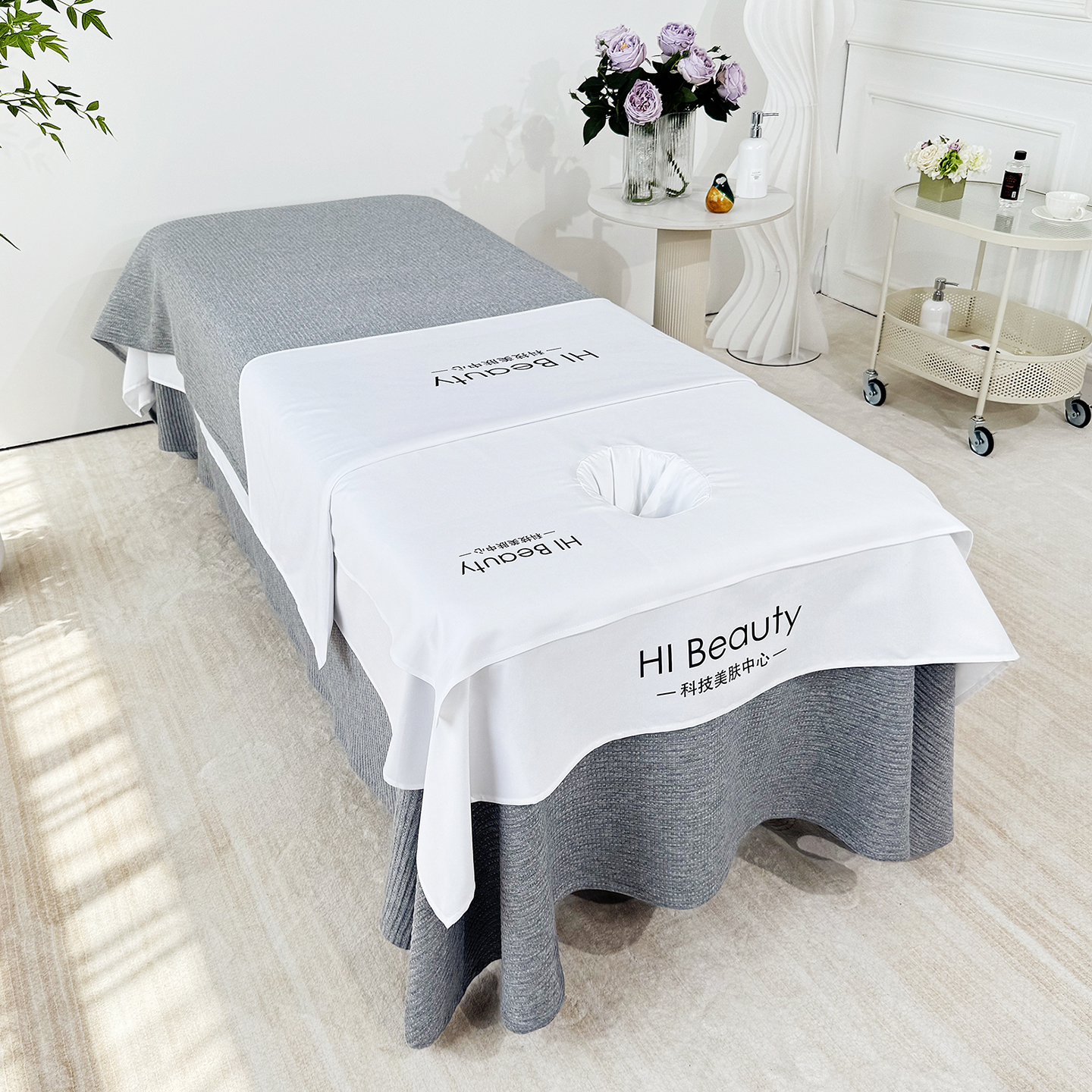 美容院隔脏三件套美容床单隔脏被套洞巾纯色带洞