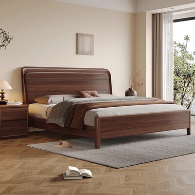 北美黑胡桃木床1米8双人床全实木床中式主卧大床现代简约1.5m婚床