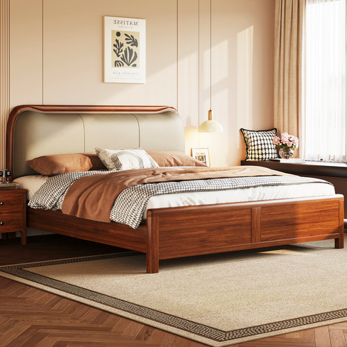 现代简约胡桃木全实木床1.8m高端主卧大床1.5m加厚软包床双人婚床