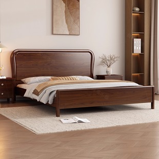 加厚黑胡桃木实木床1.8米主卧大床现代简约双人床1.5米新中式婚床