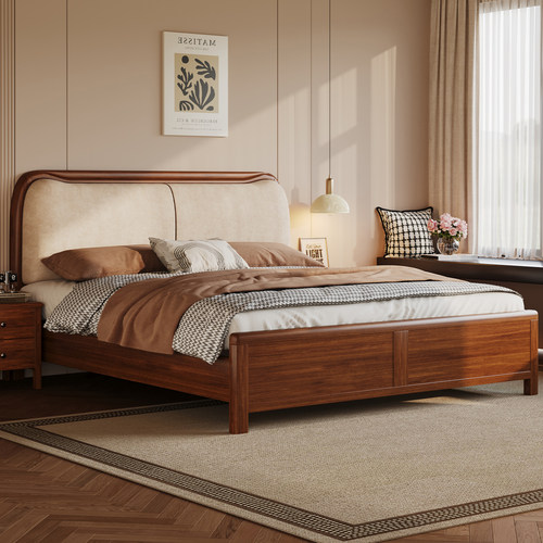 进口加厚胡桃木全实木床1.8m现代简约主卧大床1.5m软包床双人婚床