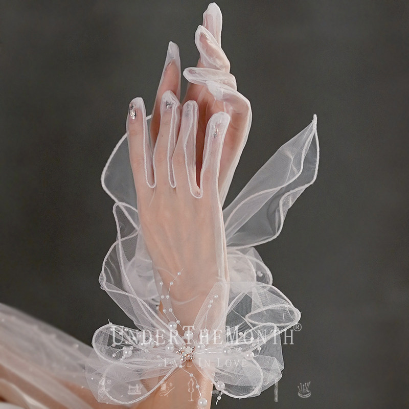 레트로 신부 웨딩 장갑 짧은 흰색 활 진주 메쉬 장갑 스튜디오 사진 사진 장갑