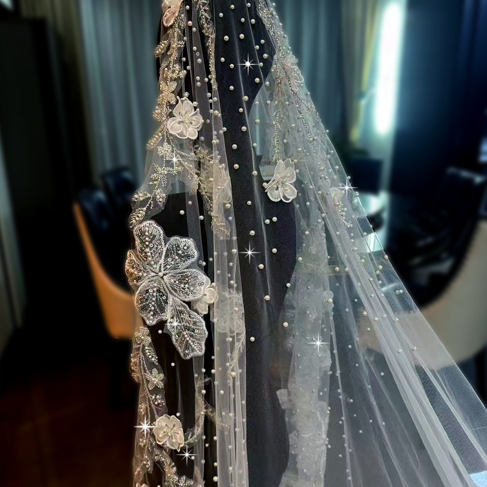 重工珠绣片繁花拖地头纱珍珠头纱新娘结婚婚礼外景拍照婚纱配饰
