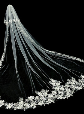 新娘结婚主婚纱头纱超仙森系韩式长款大拖尾头纱蕾丝花边头纱头饰