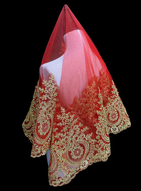 新款红色新娘结婚主婚纱头纱中式婚礼秀禾服盖头复古红色头纱头饰