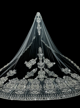 新娘结婚主婚纱头纱轻奢重工珠绣长款大拖尾头纱2024秋冬新款头纱