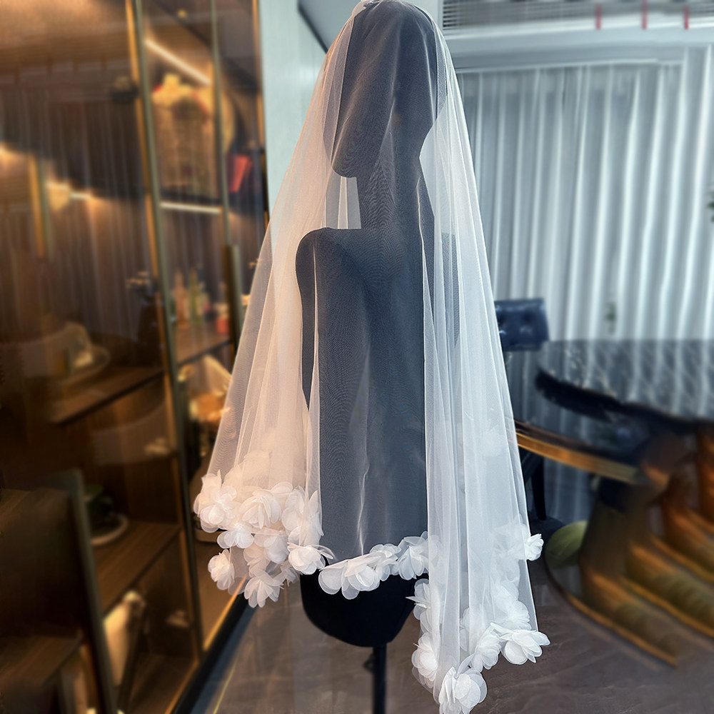 新娘结婚主婚纱头纱超仙梦幻绢纱花朵头纱领证登记婚礼拍摄头纱