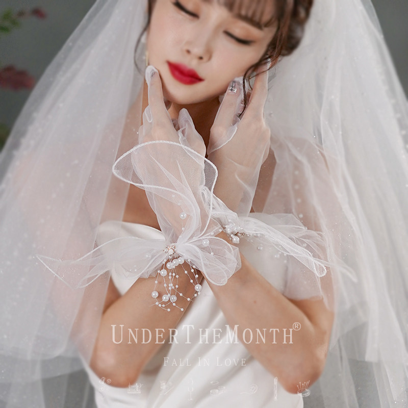레트로 신부 웨딩 장갑 짧은 흰색 활 진주 메쉬 장갑 스튜디오 사진 사진 장갑