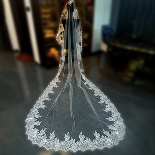 新娘结婚主婚纱头纱超仙森系蕾丝花边头纱长款拖尾头纱婚纱配饰