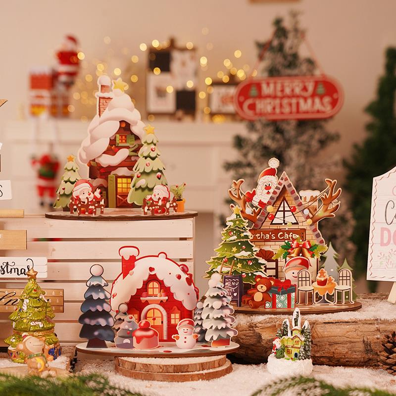 圣诞节卡通小房子木质拼装摆件DIY儿童节日礼物拼立体接彩绘摆件
