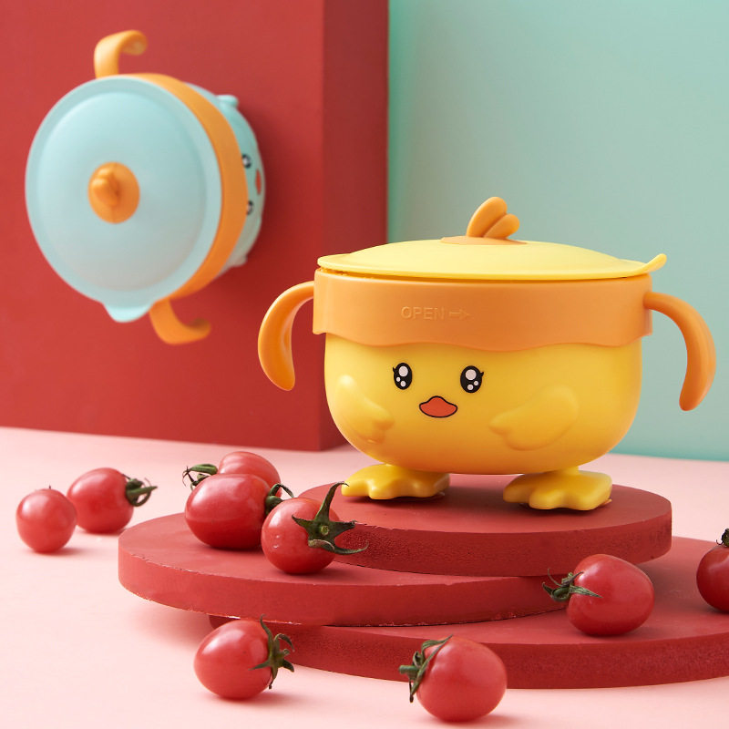 呵贝适小黄鸭316不锈钢注水可拆卸保温吸盘碗隔热双手柄宝宝辅食