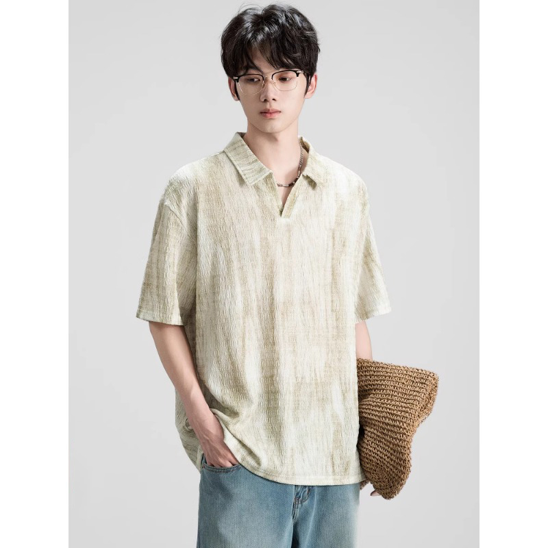 提花v领短袖POLO衫男款夏季肌理感休闲上衣新款宽松高级感痞帅T恤