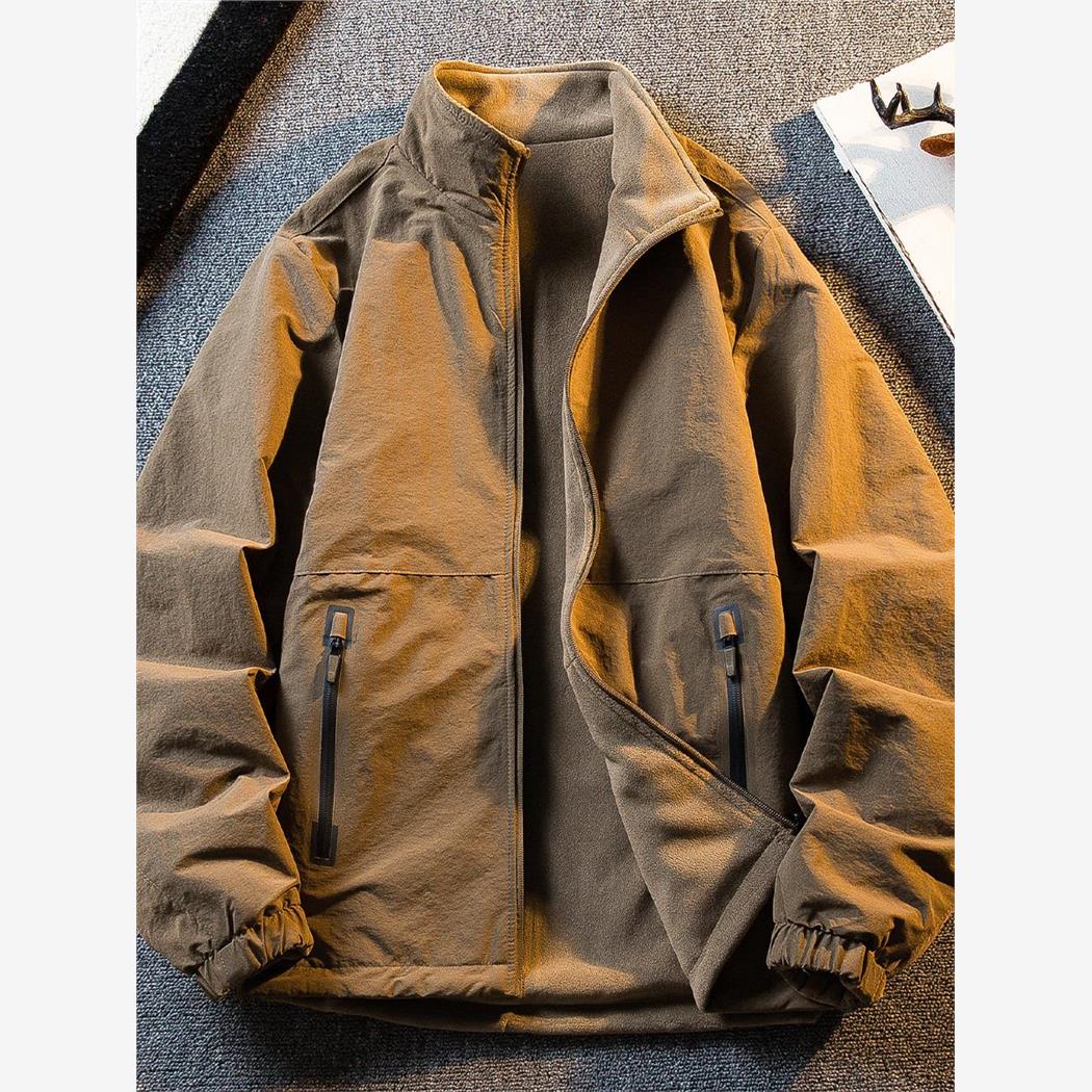 摇粒绒立领夹克男士秋冬款加绒加厚双面穿外套新款休闲保暖上衣服