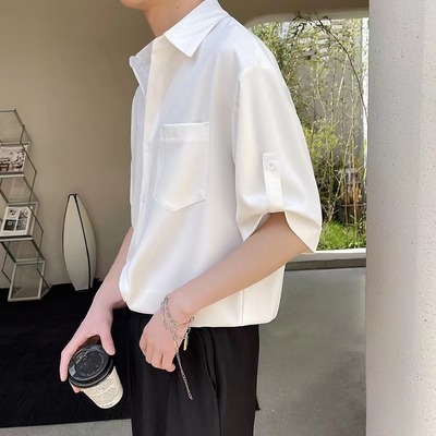 垂感休闲衬衫男潮牌夏季冰丝免烫五分袖上衣新款男生宽松短袖衬衣