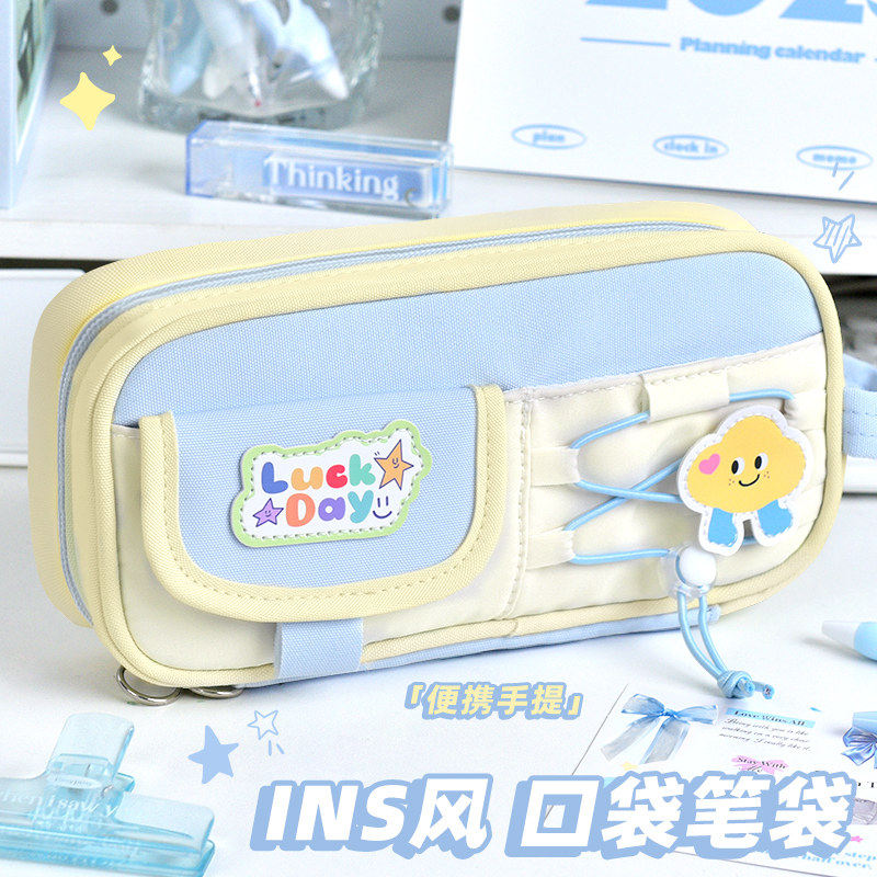 新款高颜值ins风笔袋小众不撞款送魔术贴初中女生简约小学生小清新1层初中专用卡通多隔层撞色拉链式可爱便携