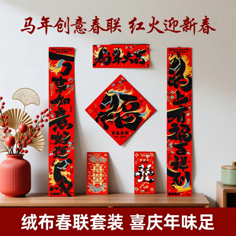 2026年马年对联新年绒布春联套装福字门贴春节过年创意门联装饰品春节用品红色喜庆马年创意春节装饰绒布材质,文具电教/文化用品/商务用品,文创/手作/文化用品,淘宝优惠券,粉丝福利购,淘宝优惠卷