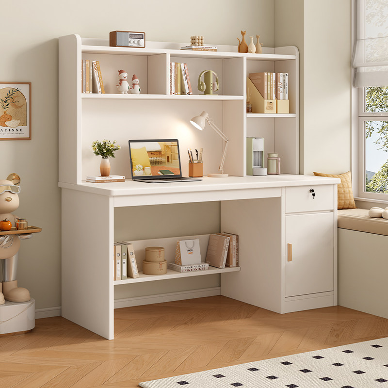 书桌家用学生写字桌卧室书架一体式桌子实木台式电脑桌学习办公桌
