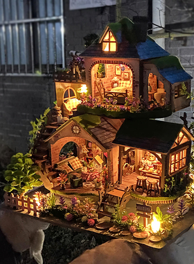 森林奇遇小屋手工拼装微缩房子模型古风别墅小院木质积木装饰摆件