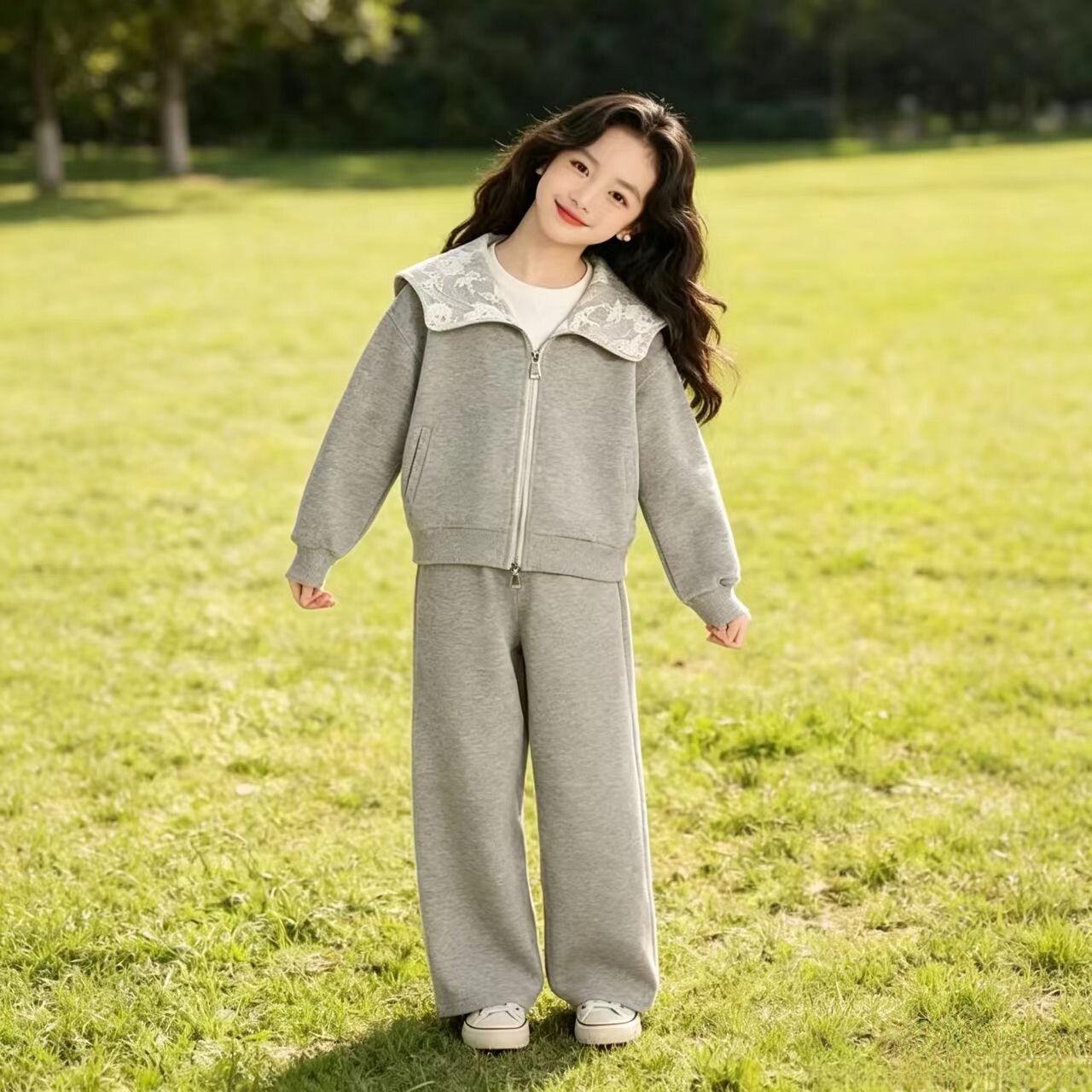 2026新款女童春秋套装蕾丝翻领外套儿童休闲阔腿裤卫衣拉链两件套
