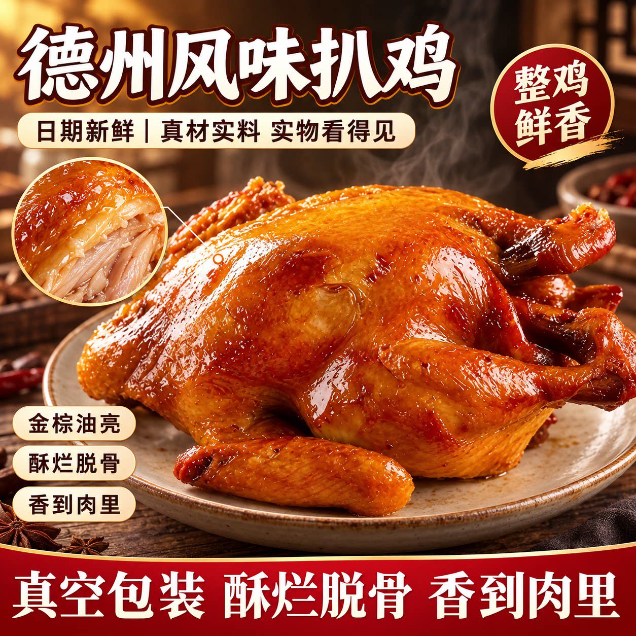 五香脱骨扒鸡德州风味烧鸡熟食卤味速食下酒饭菜真空包装500g整鸡