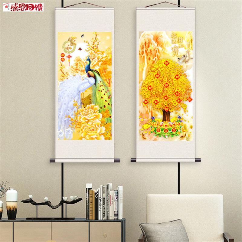招财花鸟画牡e丹发财树条幅丝绸卷轴画挂画荷花九鱼画国画书房装