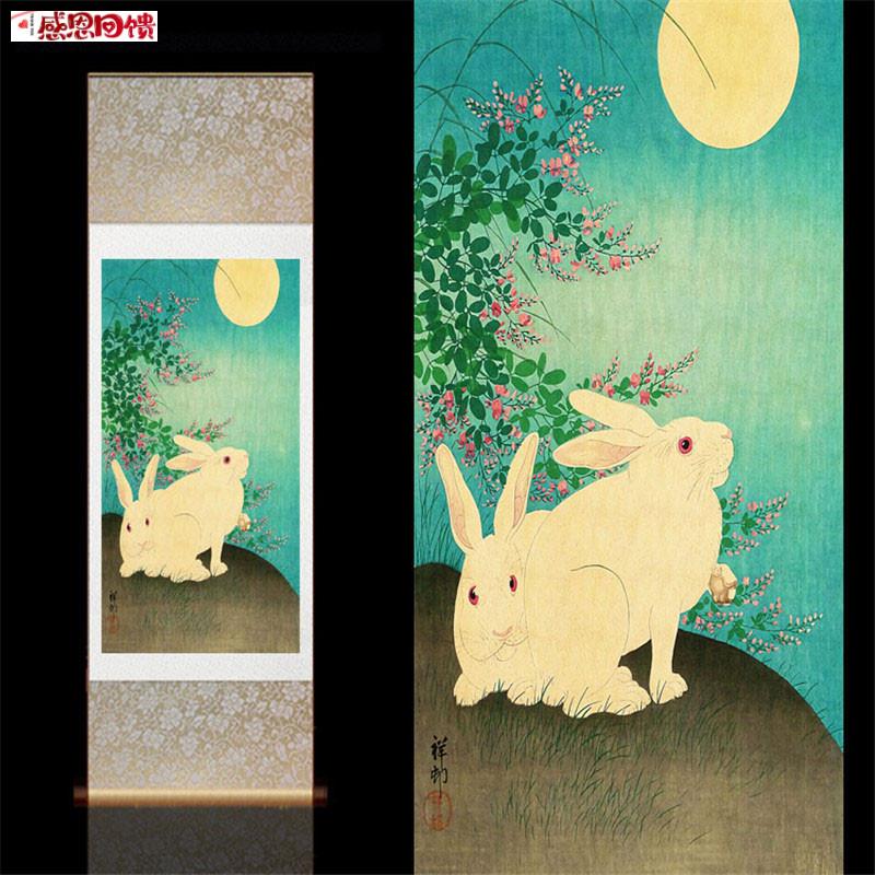 吉祥玉兔图双兔图卷轴画儿童房J装饰画卡通兔子挂画丝绸画风水动