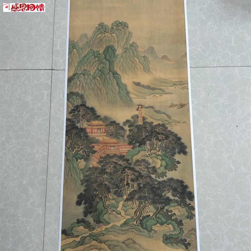 明四家仇英青山绿水真迹复制画山水帆布条m原大高清仿古装饰