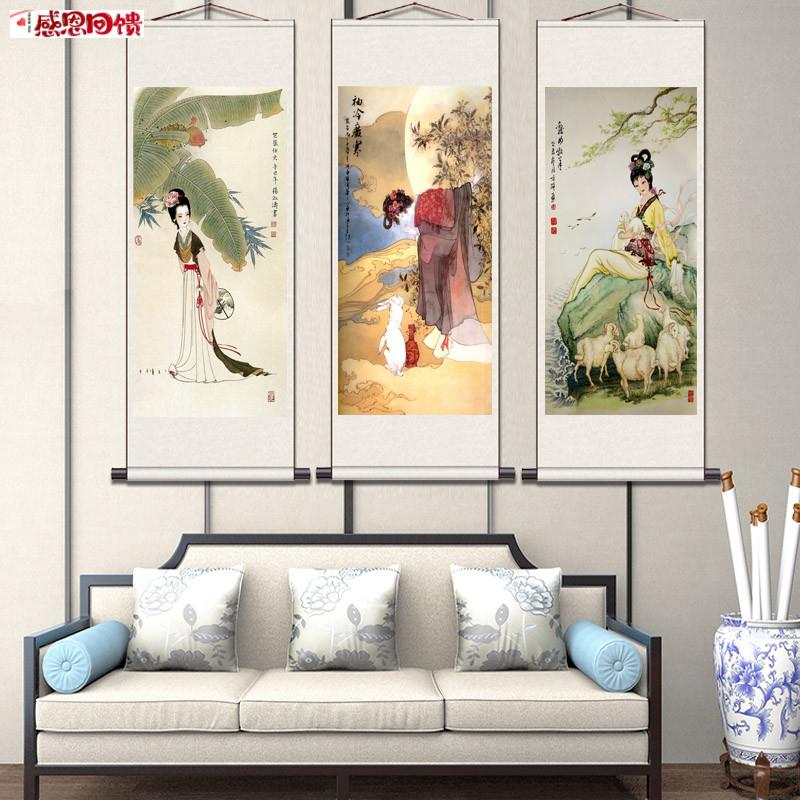 新品嫦娥玉兔人物卷轴画月光嫦娥k壁画装饰画酒店包厢挂画中秋礼