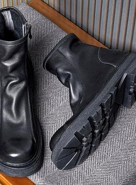 帕达索男士切尔西马丁靴冬季厚底休闲皮靴拉链头层牛皮男靴240802