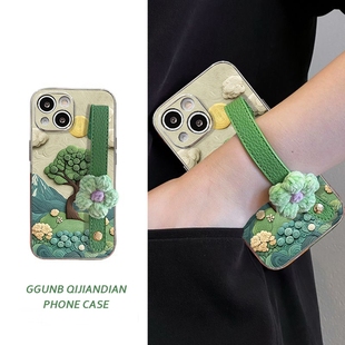 线团山川绿树蓝玫瑰绿花皮腕带适用小米15Pro手机壳14高级k80个性k70简约k60小众13保护套12红米note14/11潮