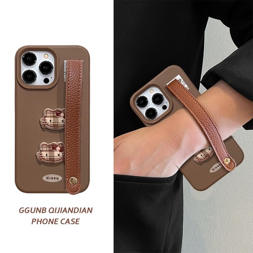 棕底两只格纹KT猫头腕带适用OPPOReno13Pro手机壳12/11高级10保护套9简约reno8小众7防摔6/5个性k11软a97潮