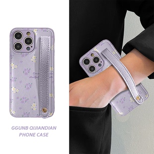 满屏绿叶紫白小花紫皮腕带适用vivox300pro手机壳x200/100高级90保护套x80/70简约s20/19小众18/17防摔s16