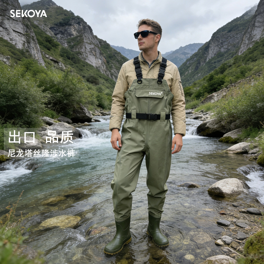 路亚钓鱼下水裤防水防滑轻便涉水裤雨鞋雨裤连体全身衣服男女装备