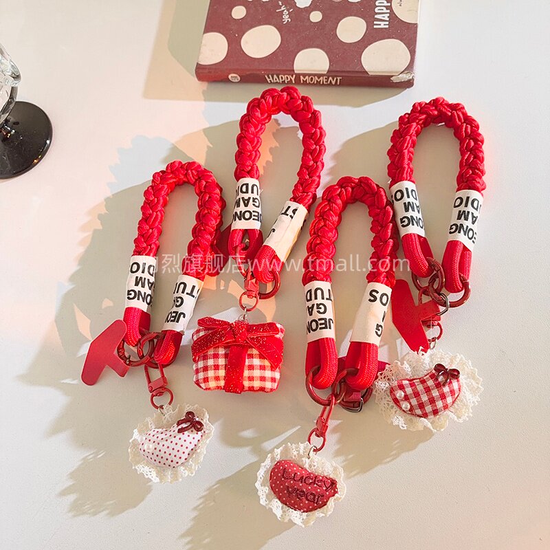 甜美ins韩系少女心波点蕾丝边爱心手机挂件尼龙编织线材短款挂绳钥匙扣链耳机套ccd相机便携短款手提防丢挂链