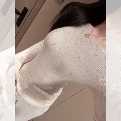 法式白色一字领烫钻针织打底衫女秋冬高级感气质内搭修身显瘦上衣