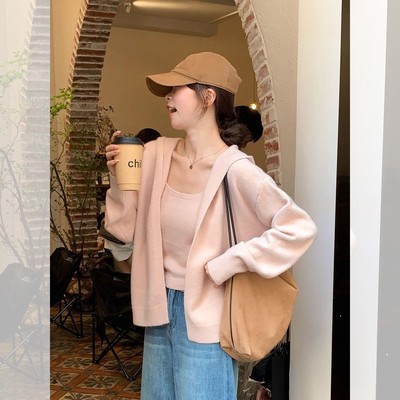 温柔风韩系穿搭粉色针织开衫外套女早秋绝美巨好看的上衣两件套装