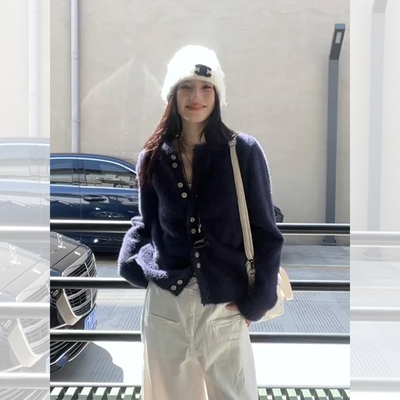 慵懒风紫色长袖针织开衫女早秋软糯奶fufu毛衣外套宽松短款上衣冬