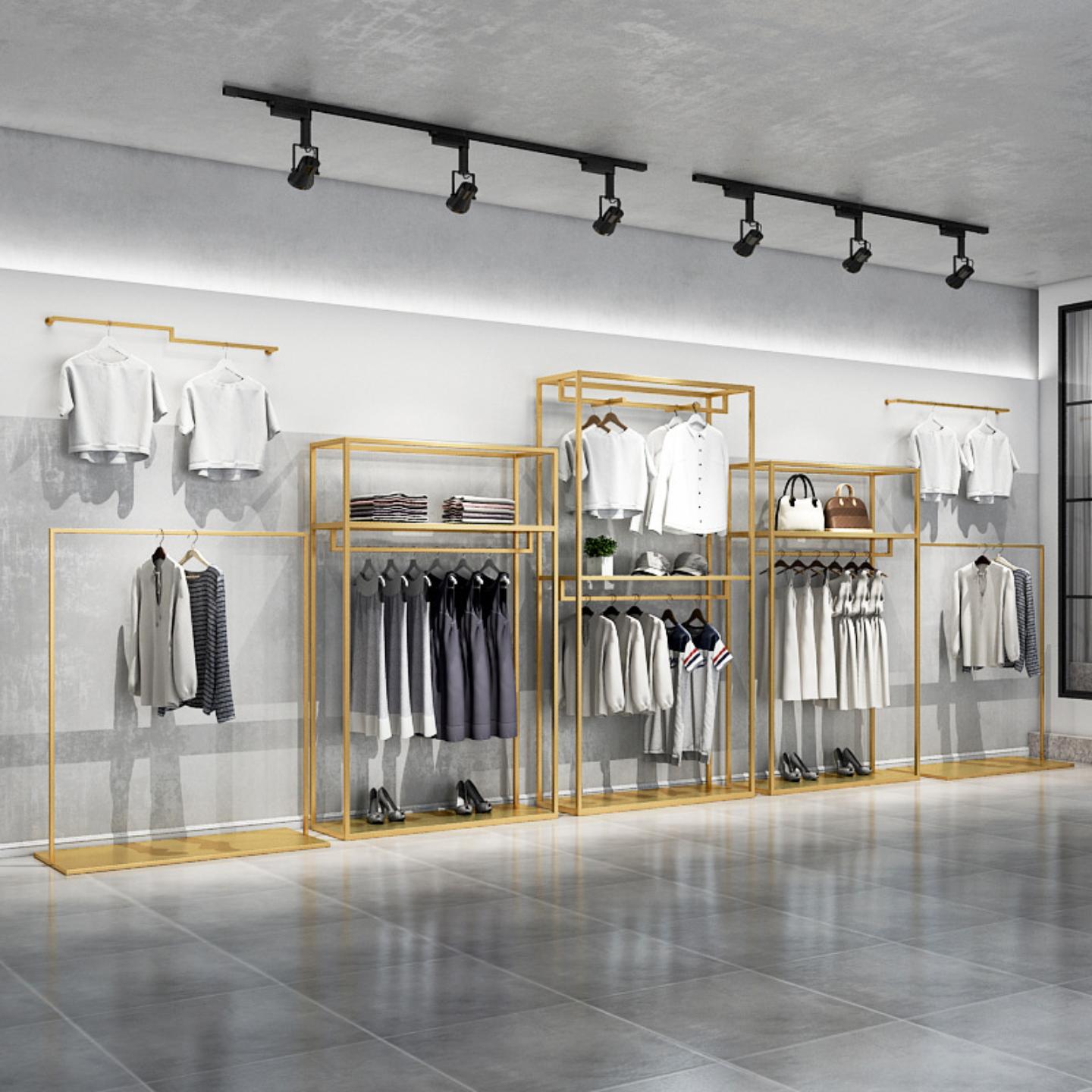 服装店展示架双层挂衣架男女金色服装店货架铁艺陈列架衣架落地式