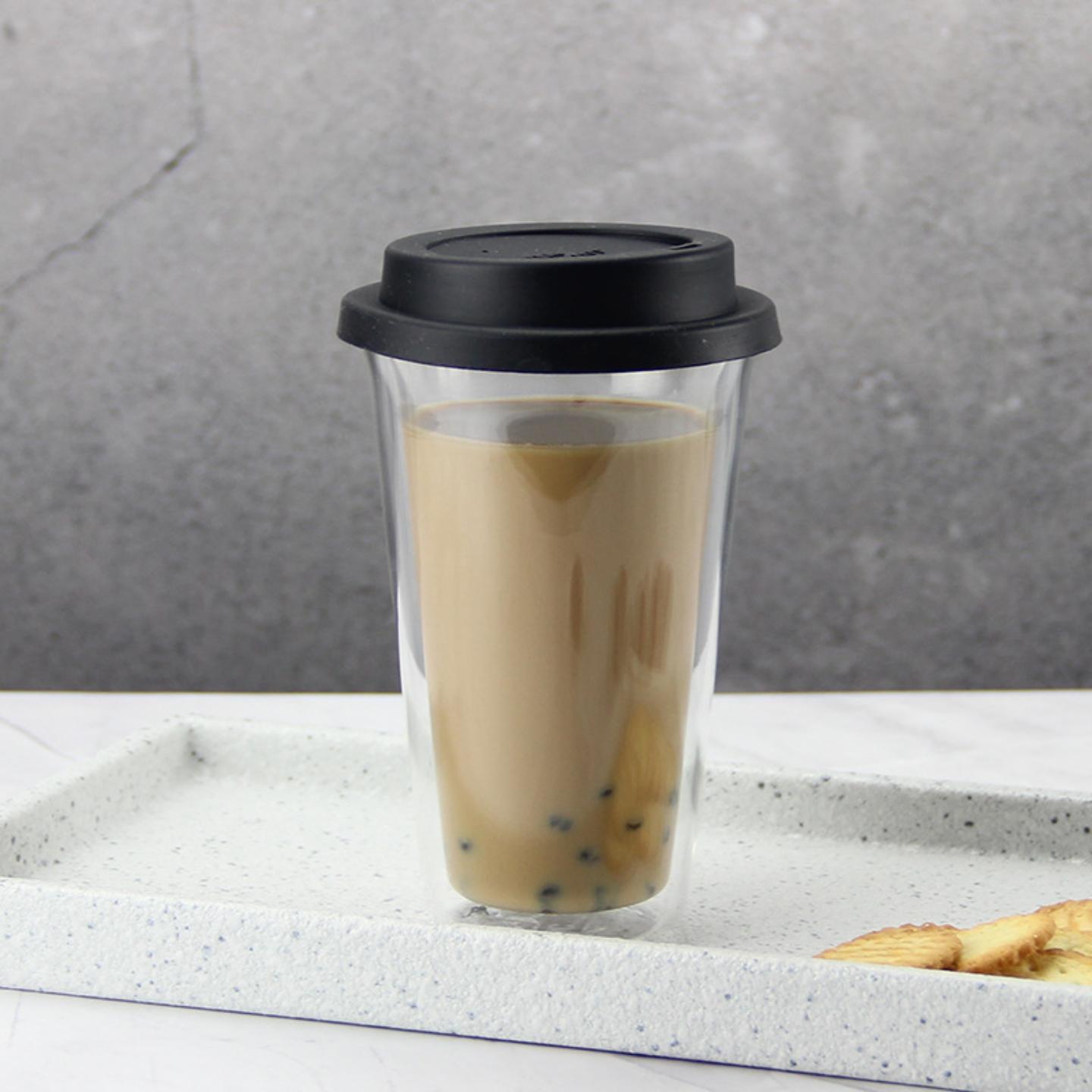 耐热玻璃双层咖啡杯带硅胶盖