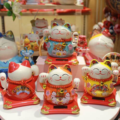 喵招财猫小乐摆件 5寸小号太阳能手店礼铺开业0515-051品陶瓷自动