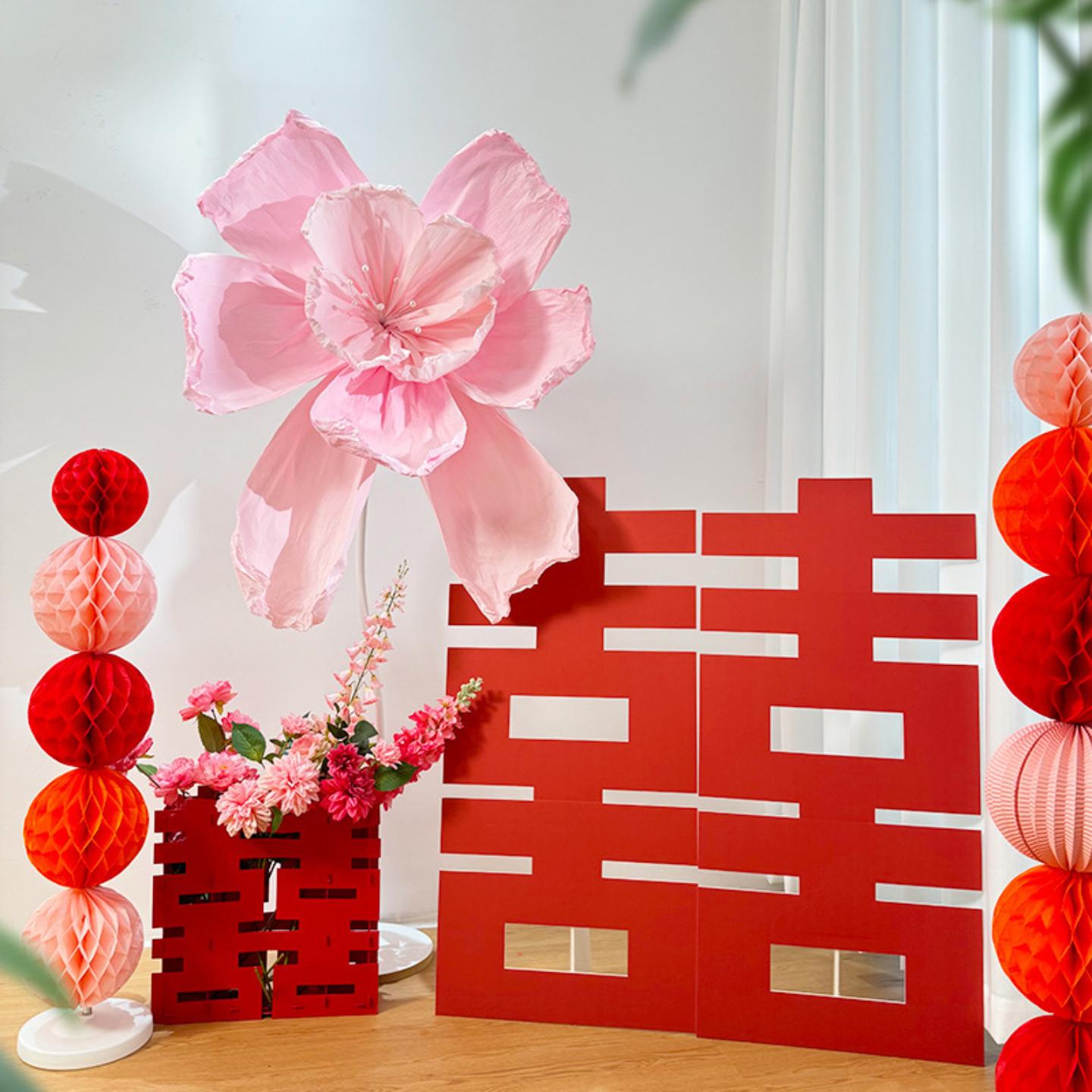 结婚装饰超大皱纹纸花立柱路引纸花婚房布置客厅场景订婚礼囍摆件