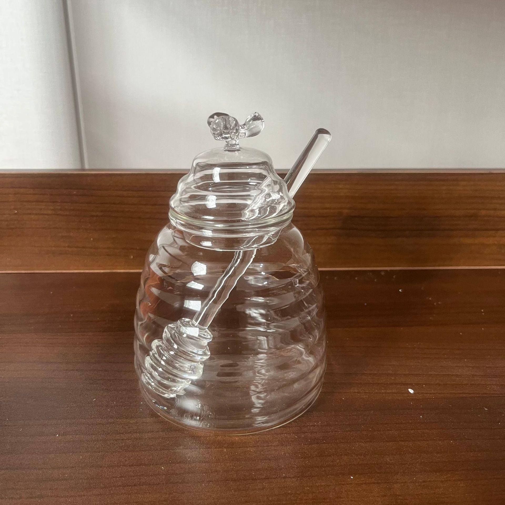 用日式玻璃蜜罐带拌棒创意透搅明精致蜂135家蜂蜜瓶带盖简约果酱
