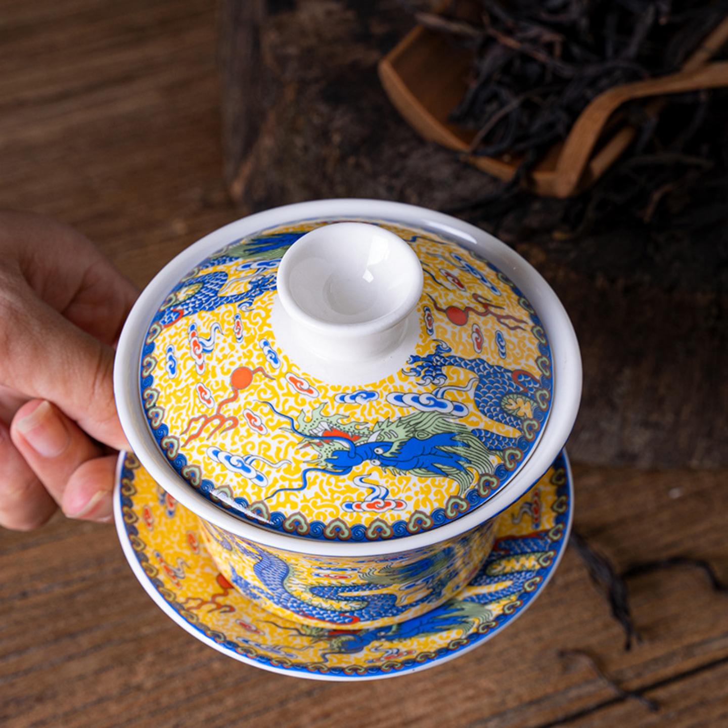 白如雪陶瓷功夫茶具黄双龙盖碗