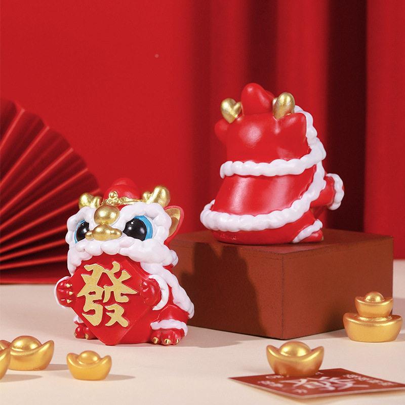 可爱舞龙脂小件摆件卡通醒树狮桌装饰摆文创吉祥物手面公仔礼物.