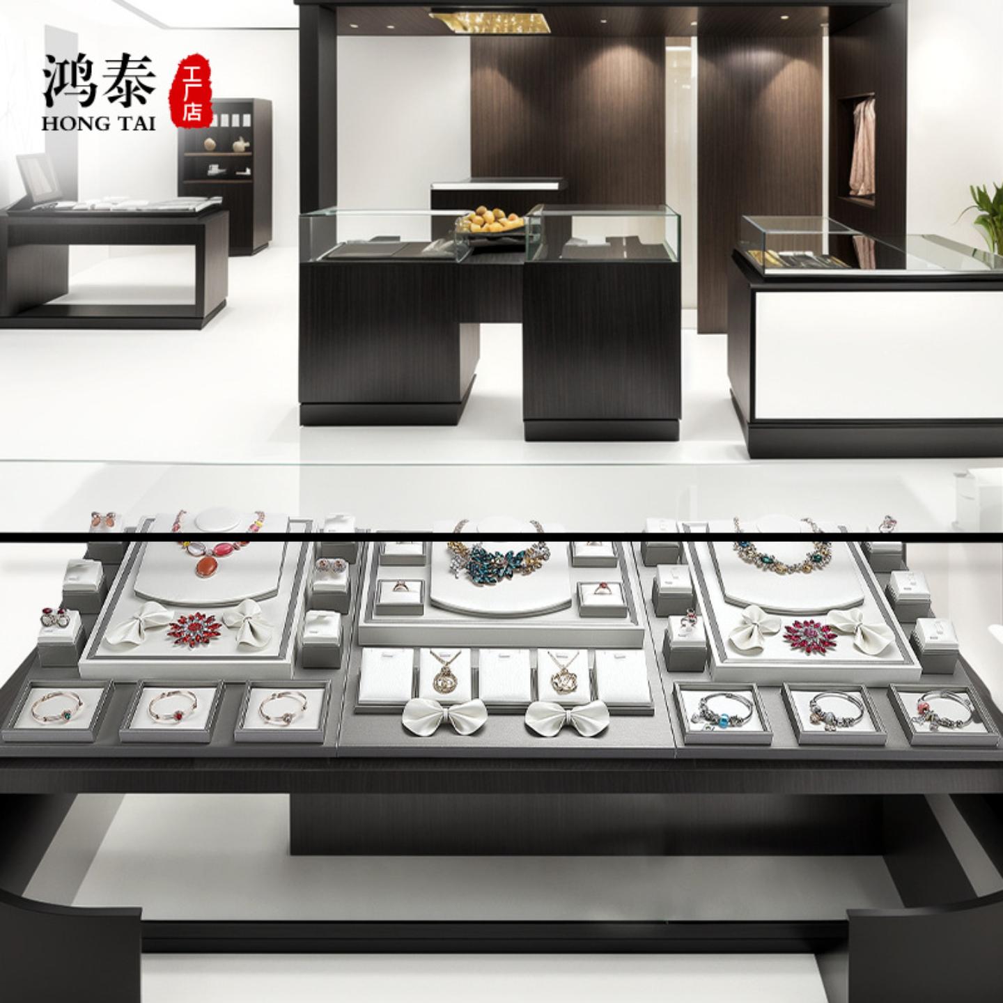 鸿泰轻奢拉丝PU皮柜台珠宝首饰展示道具橱窗展柜展示架套台套装
