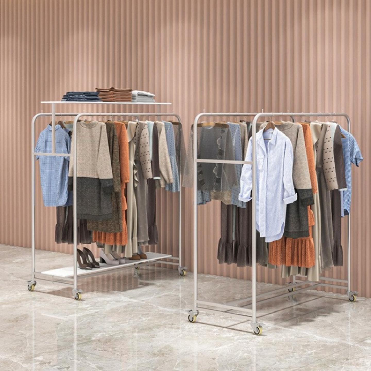 服装店中岛展示架不锈钢落地式双排带轮货架童装女装店陈列挂衣架