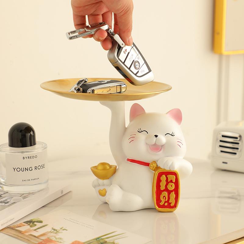 可爱招财猫摆件钥匙收业纳饰品托盘玄42701关客桌面摆设厅开乔迁