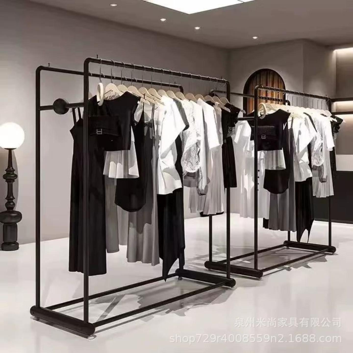 店铺货架女装服装店中岛展示架落地式简约铁艺黑色专用双排挂衣架