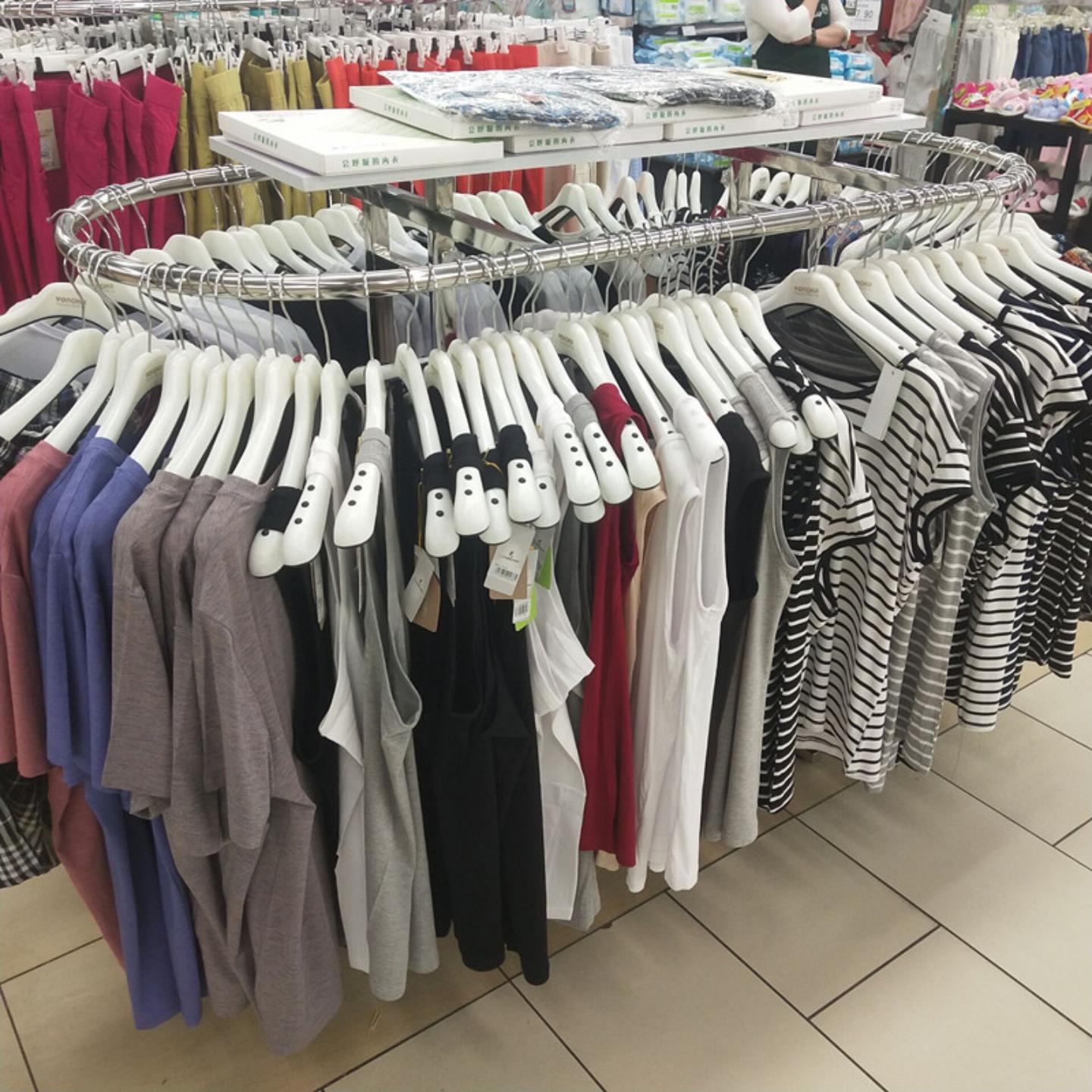 女装服装店衣架展示架双杠圆形中岛落地式童装货架陈列架带板双杆